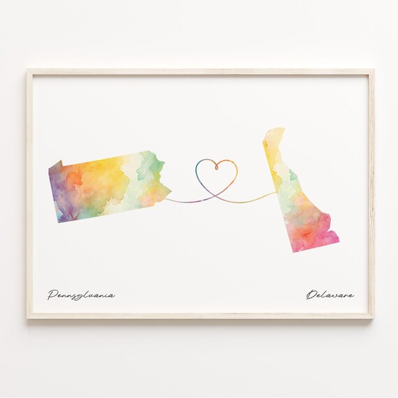 Pennsylvania To Delaware Watercolor Map Poster Heart Long Distance