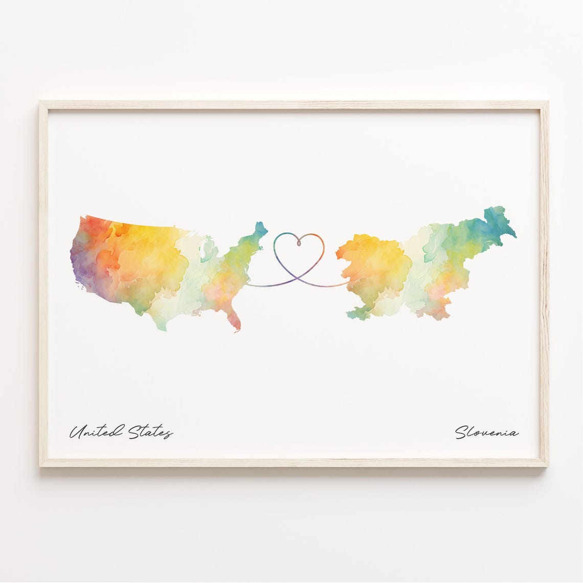 United States to Slovenia Watercolor Heart Connection Map Poster