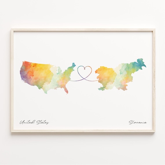 United States to Slovenia Watercolor Heart Connection Map Poster