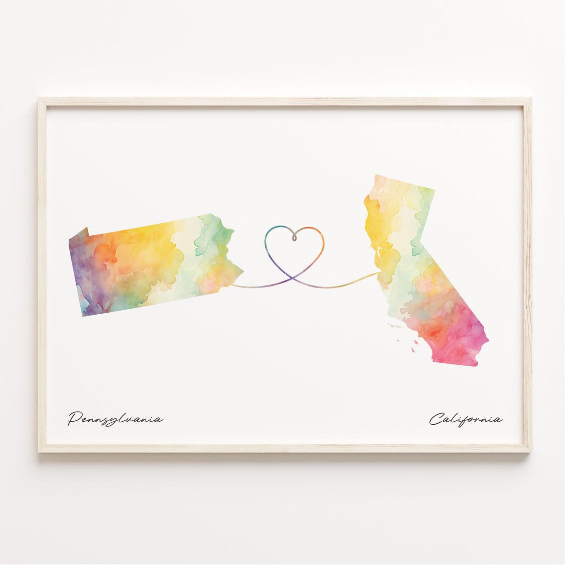 Pennsylvania to California Watercolor Map Heart Wall Art Gift