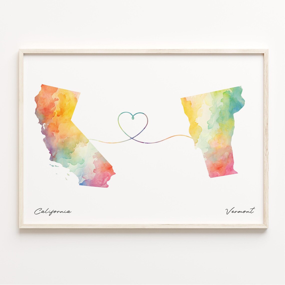 California To Vermont Long Distance Love Watercolor Map Poster