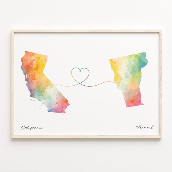 California To Vermont Long Distance Love Watercolor Map Poster