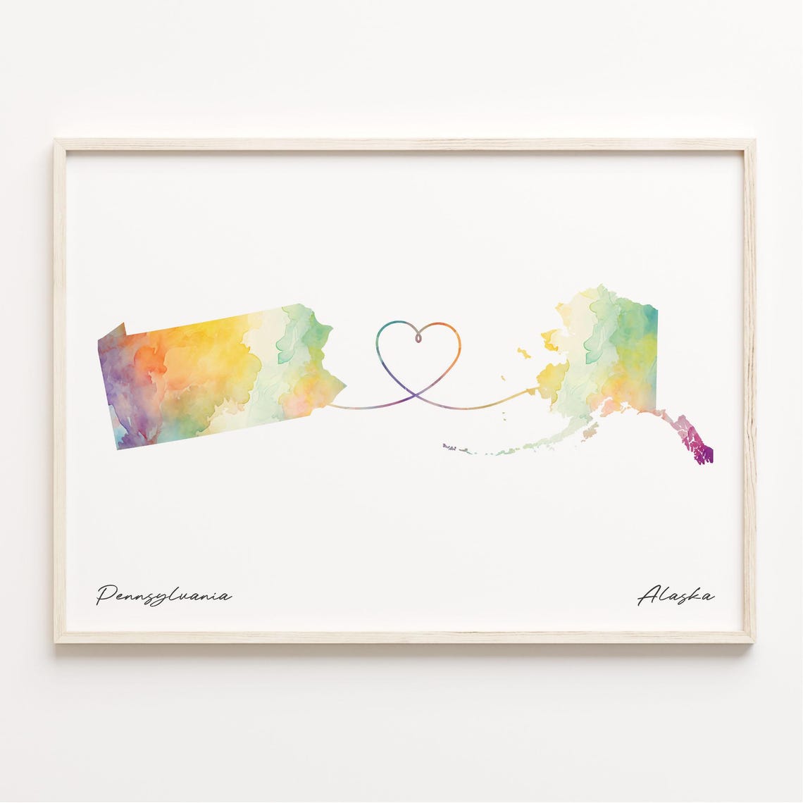 Pennsylvania to Alaska Watercolor Heart Map Long Distance Gift Poster