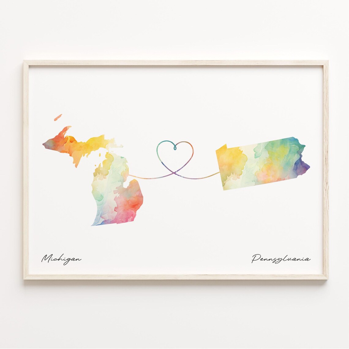 Michigan To Pennsylvania Watercolor Heart Map Long Distance Love Poster