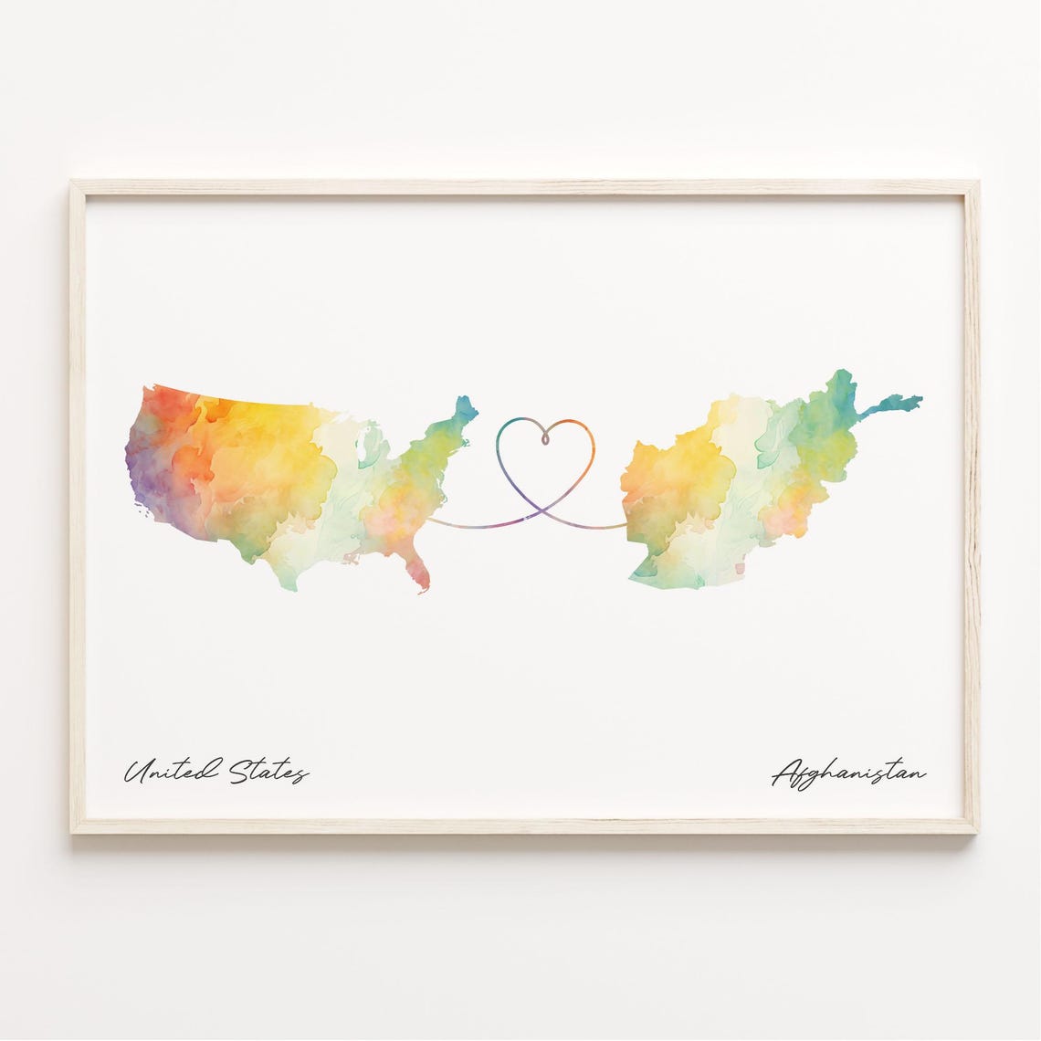 United States to Afghanistan Heart Line Watercolor Map Gift Poster