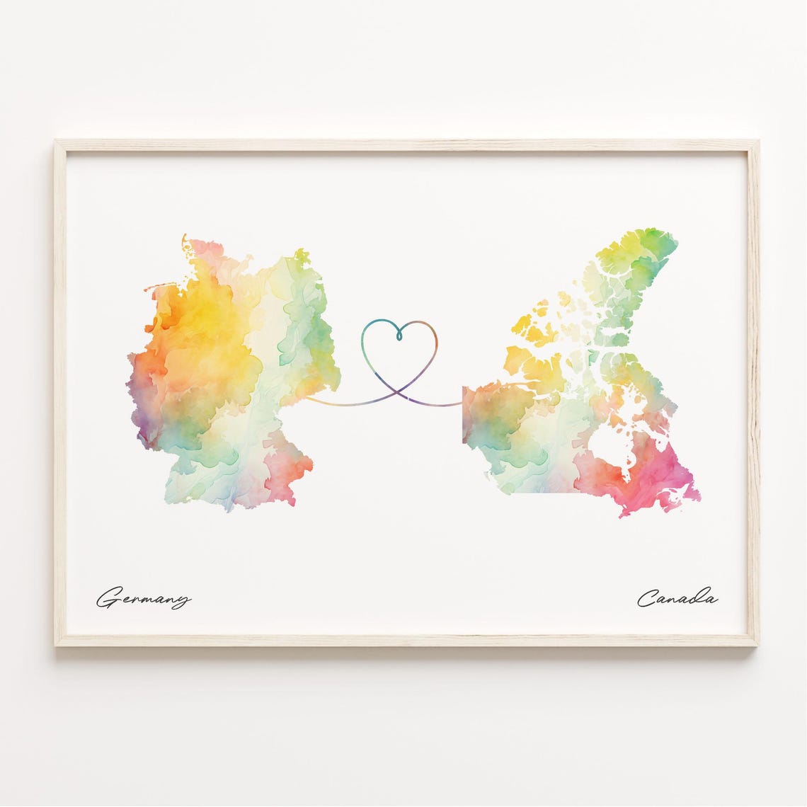 Germany To Canada Watercolor Map Art With Heart Connection Poster