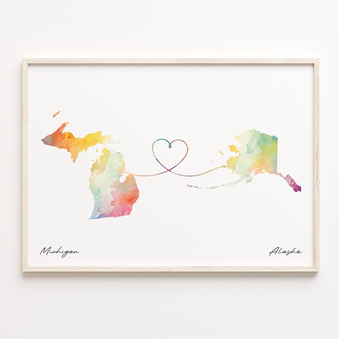 Michigan to Alaska Watercolor Heart Map Connection Gift Poster