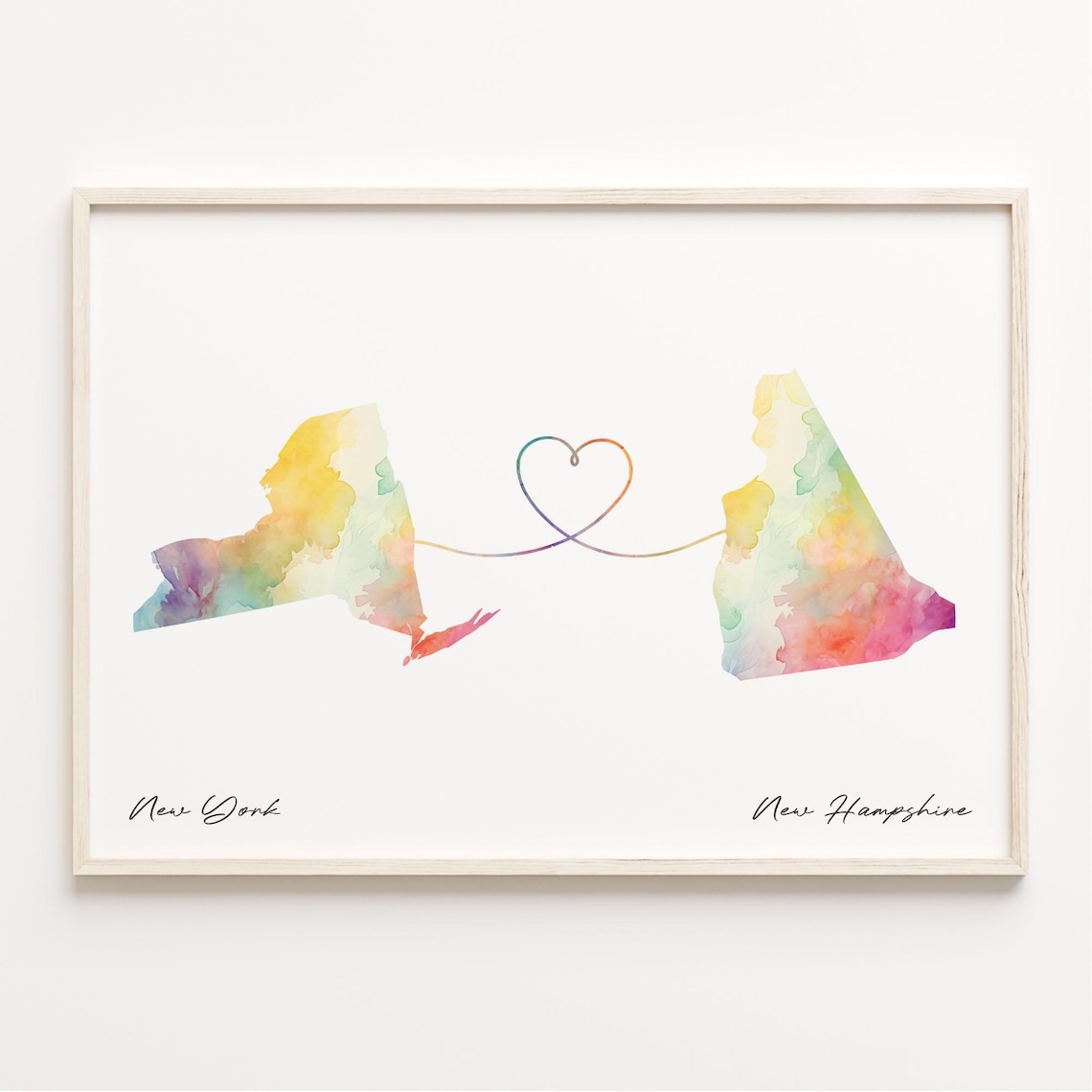 New York and New Hampshire Watercolor Map Heart Long Distance Love Poster