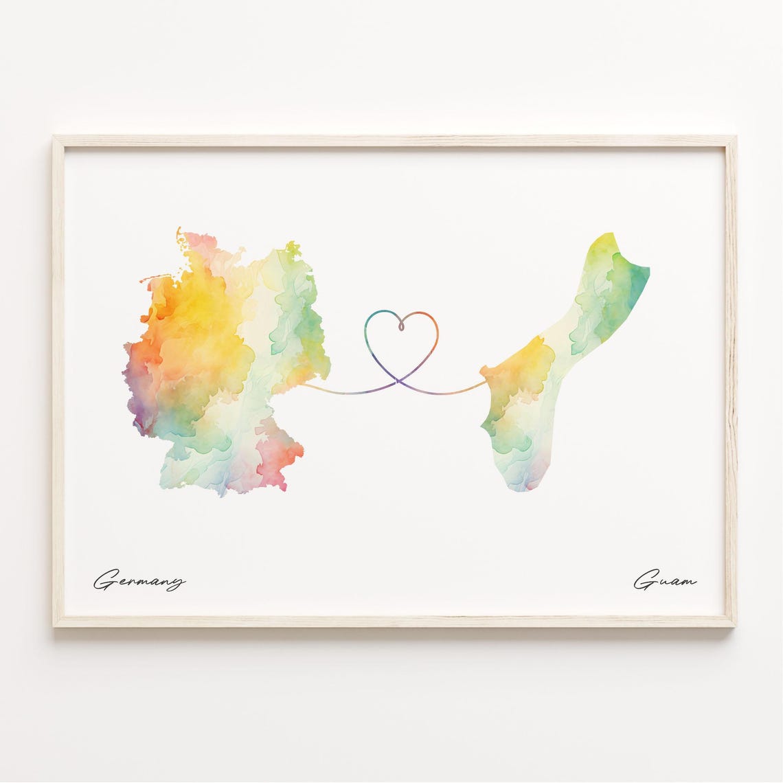 Germany to Guam Watercolor Map Art with Heart Connection Poster