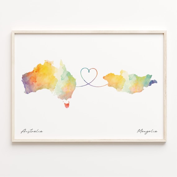 Australia To Mongolia Long Distance Love Watercolor Map Print