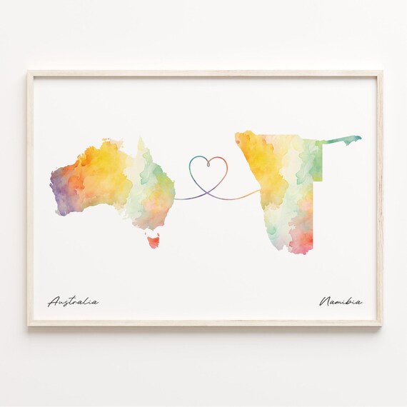Australia to Namibia Watercolor Map Travel Poster