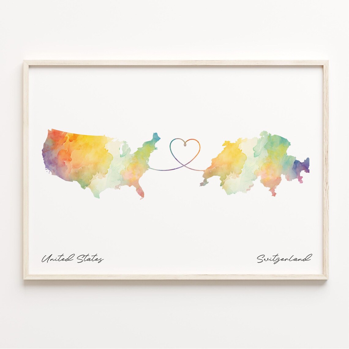 United States To Switzerland Watercolor Map Heart Connection Poster