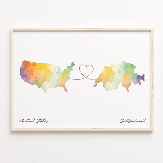 United States To Switzerland Watercolor Map Heart Connection Poster