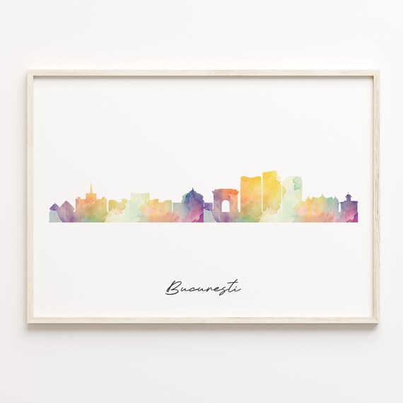 Bucuresti Romania Watercolor Skyline Cityscape Travel Poster
