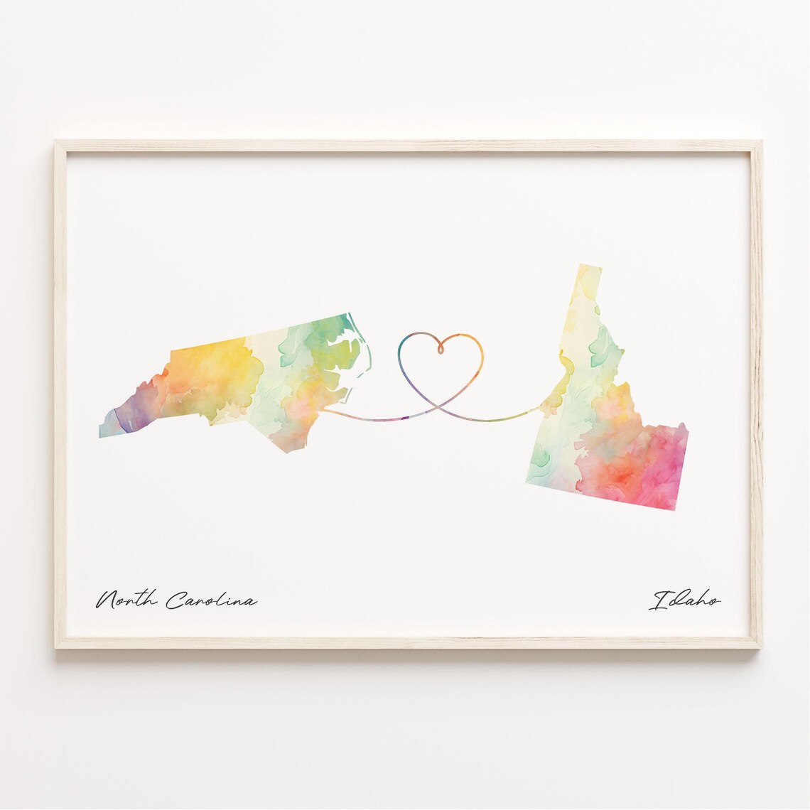 North Carolina To Idaho Watercolor Map Heart Connection Poster
