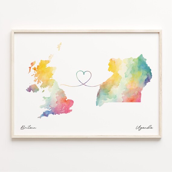 Britain Uganda Watercolor Map Print Heart Connection Gift Artwork