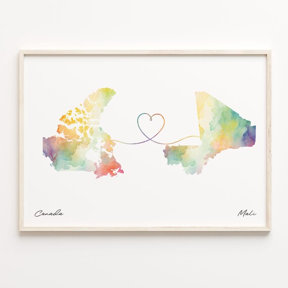 Canada To Mali Watercolor Map Heart Long Distance Love Poster