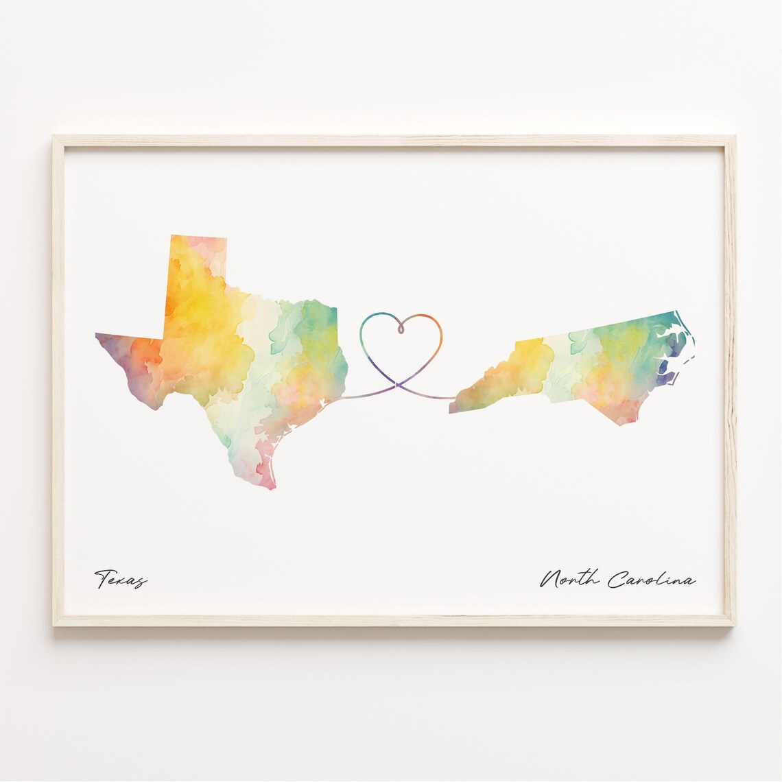 Texas to North Carolina Watercolor Map Heart Connection Print