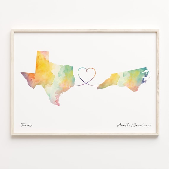 Texas to North Carolina Watercolor Map Heart Connection Print