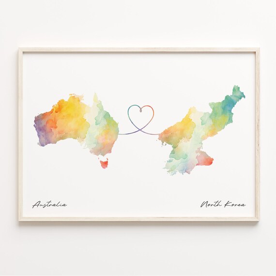 Australia to North Korea Love Heart Watercolor Map Long Distance Poster