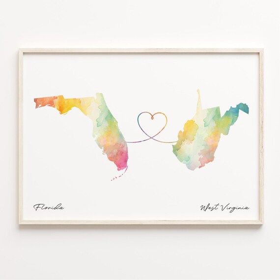 Florida To West Virginia Watercolor Map Poster With Rainbow Heart