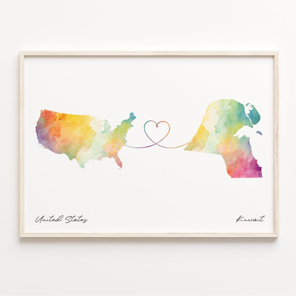 United States to Kuwait Watercolor Map Heart Travel Art Poster