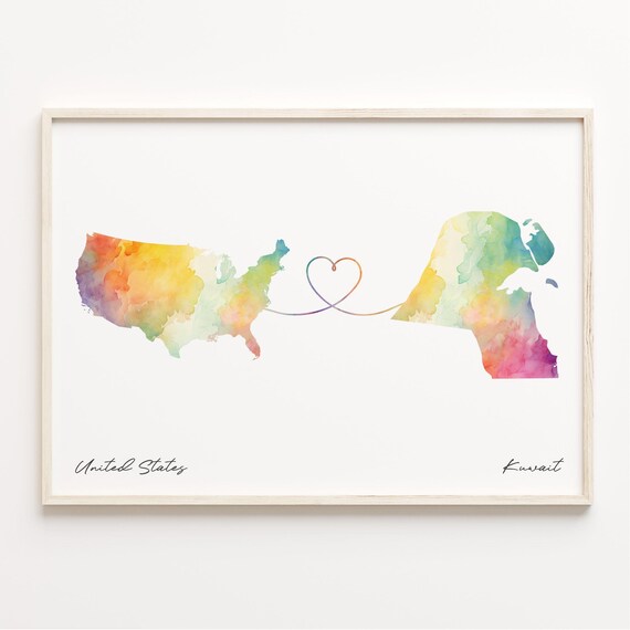 United States to Kuwait Watercolor Map Heart Travel Art Poster