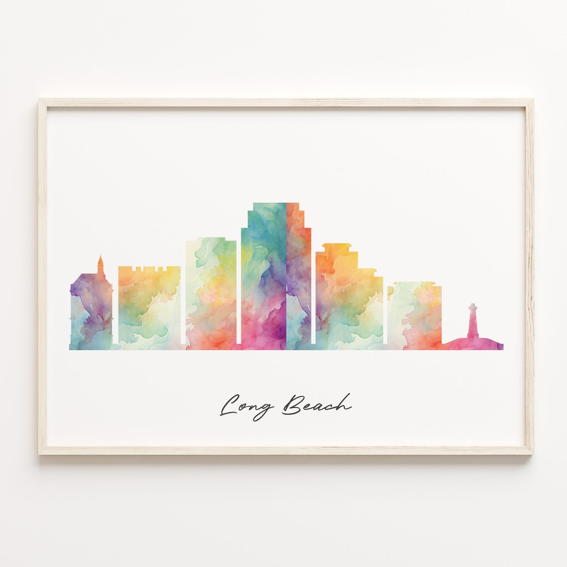 Long Beach California Watercolor Skyline Poster Rainbow City