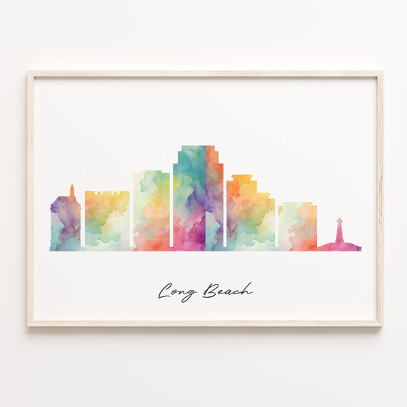 Long Beach California Watercolor Skyline Poster Rainbow City