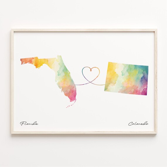 Florida and Colorado Watercolor State Map Heart Connection Poster