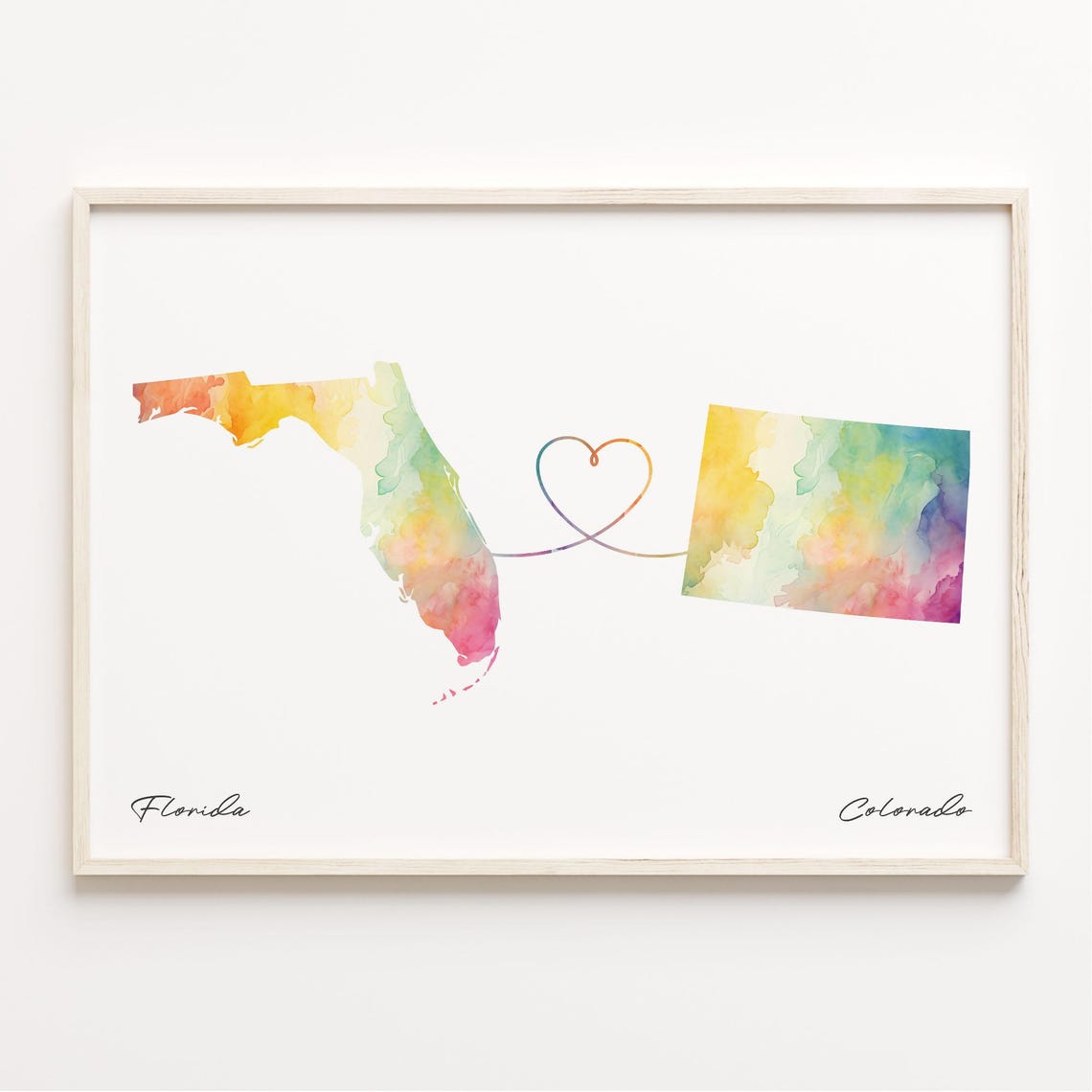 Florida and Colorado Watercolor State Map Heart Connection Poster
