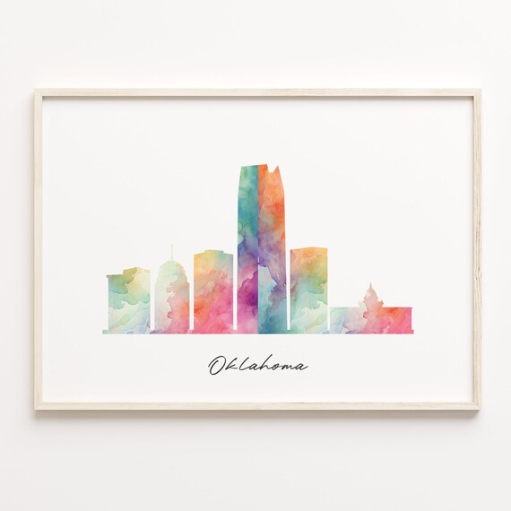 Oklahoma Watercolor Skyline Cityscape Rainbow Silhouette Poster