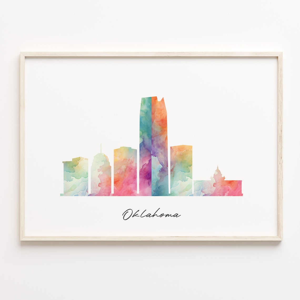 Oklahoma Watercolor Skyline Cityscape Rainbow Silhouette Poster