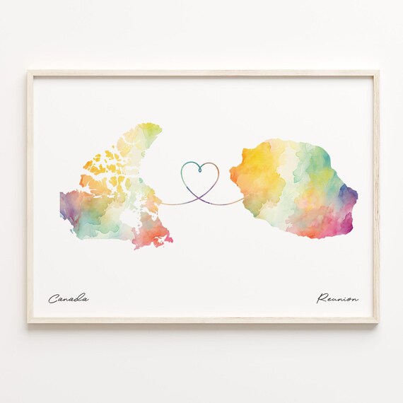 Canada To Reunion Watercolor Heart Map Long Distance Love Art Print