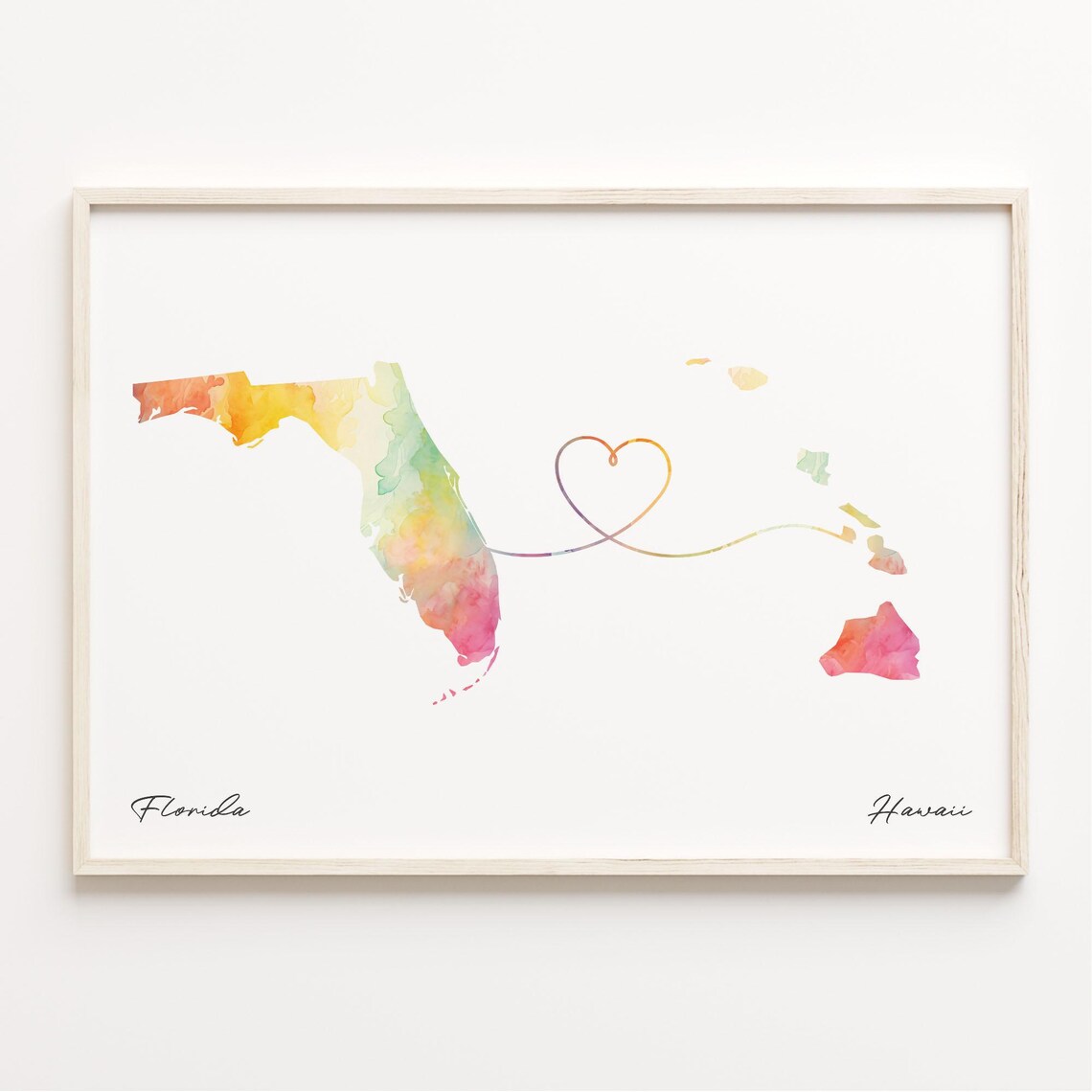 Florida to Hawaii Heart Line Watercolor Map Long Distance Love Art Print