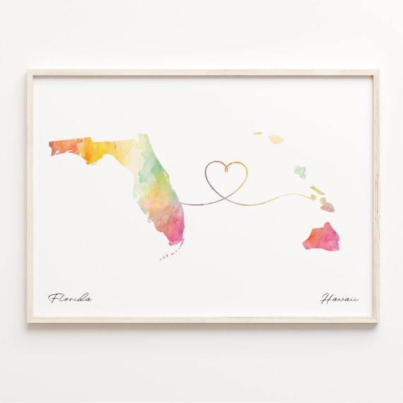 Florida to Hawaii Heart Line Watercolor Map Long Distance Love Art Print