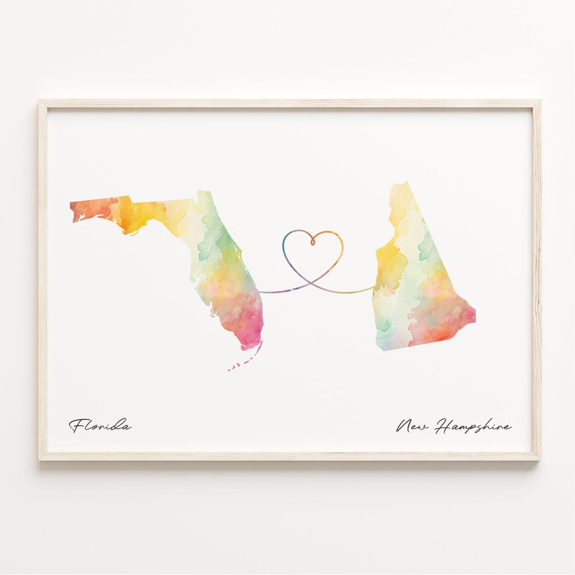 Florida To New Hampshire Watercolor Map Heart Line Connection Art Poster