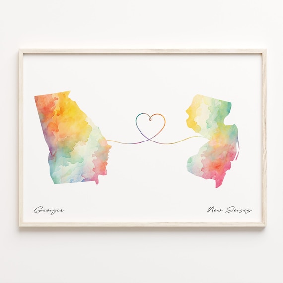 Georgia to New Jersey Watercolor State Map Heart Connection Farewell Print