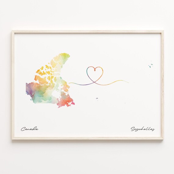 Canada to Seychelles Rainbow Watercolor Heart Map Connection Print