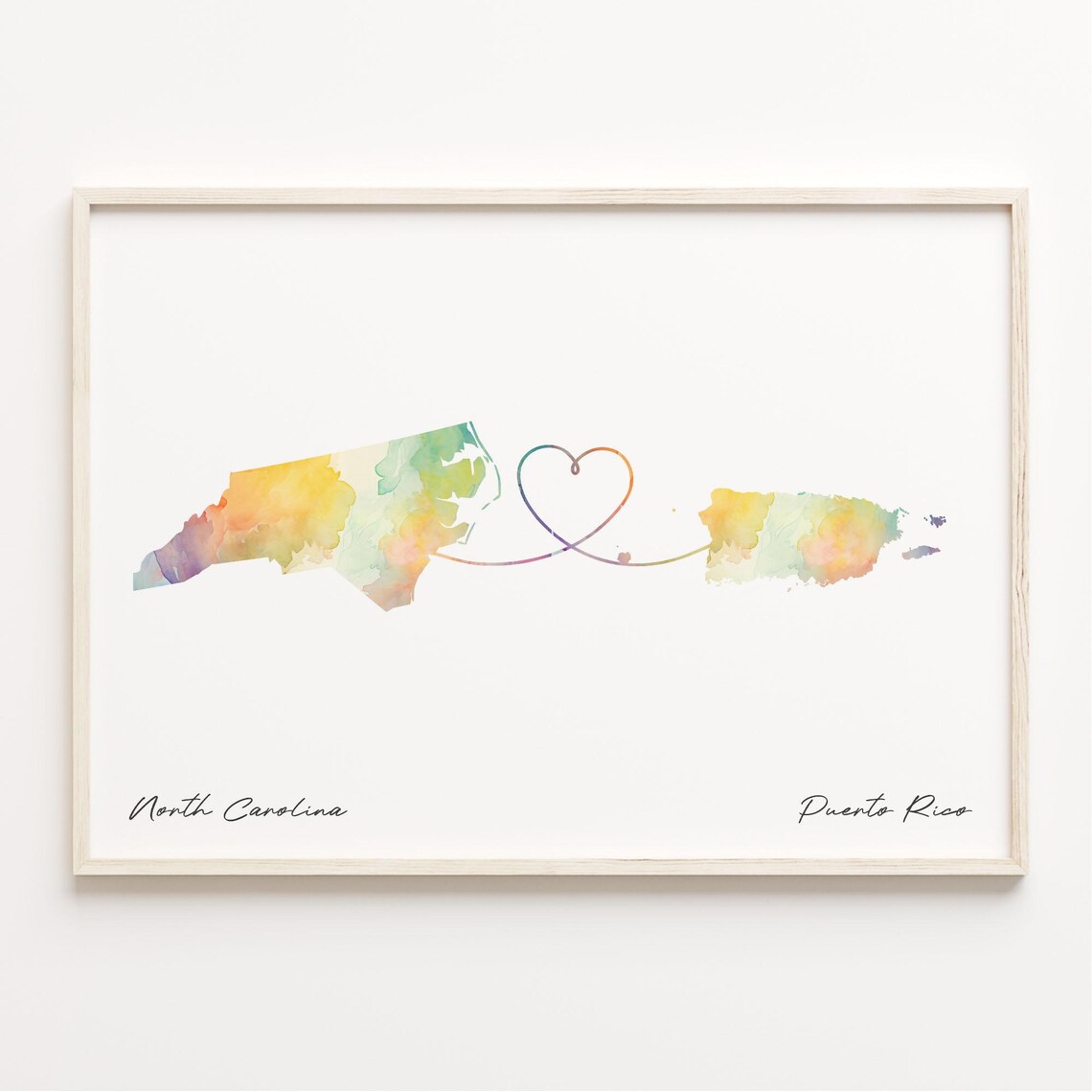 North Carolina To Puerto Rico Heart Map Watercolor Travel Poster