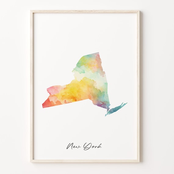 New York Watercolor State Map Minimalist Rainbow Travel Poster