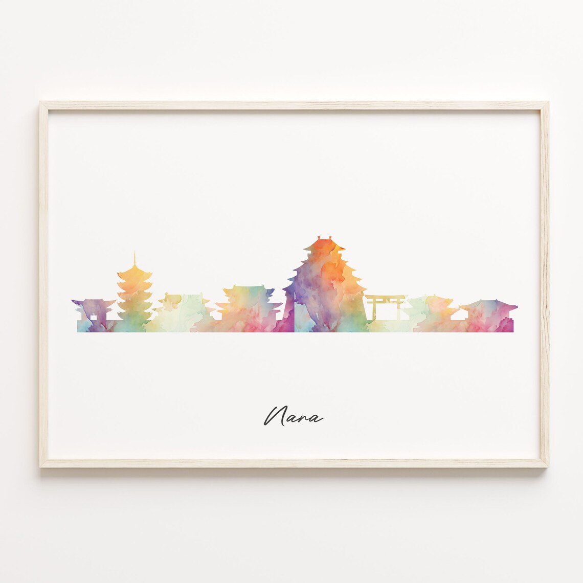 Nara Japan Watercolor Skyline Pagoda Temple Cityscape Travel Poster