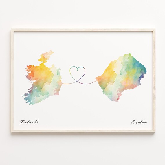 Ireland to Lesotho Watercolor Map Heart Connection Love Poster