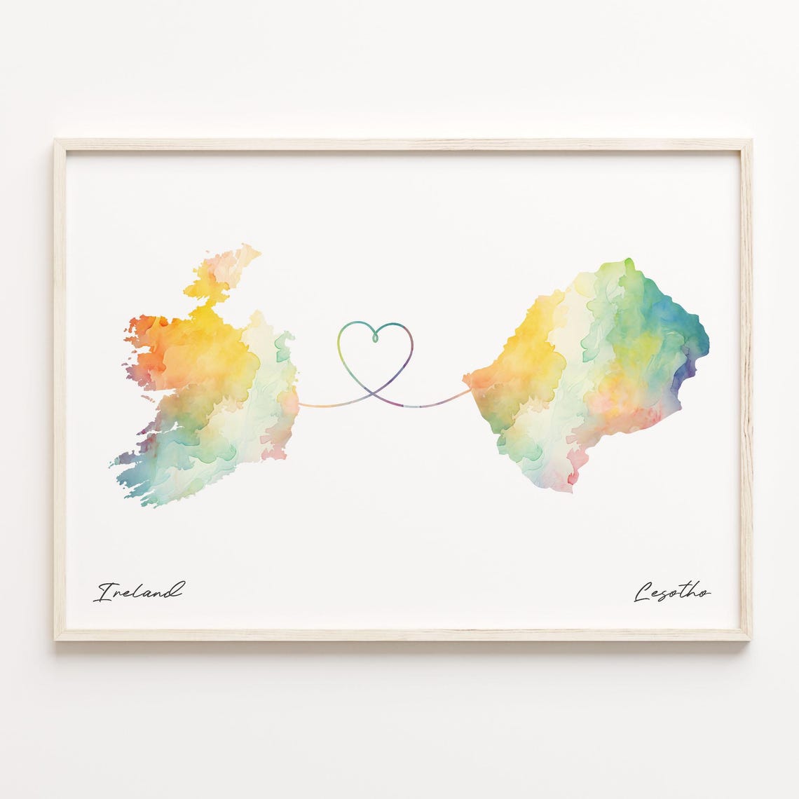 Ireland to Lesotho Watercolor Map Heart Connection Love Poster