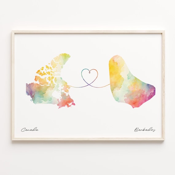 Canada To Barbados Watercolor Heart Map Long Distance Love Poster