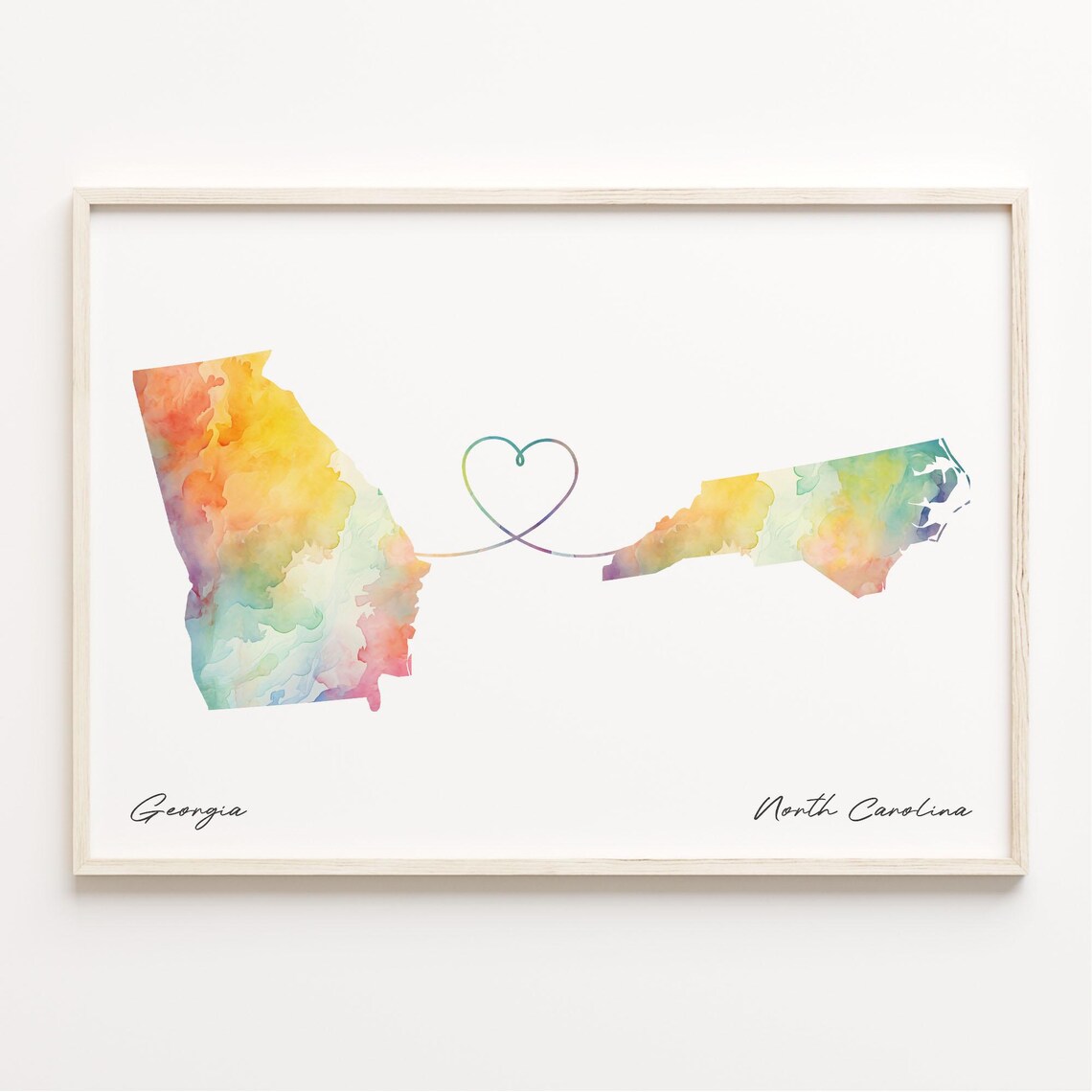 Georgia To North Carolina Watercolor Heart Map Long Distance Poster
