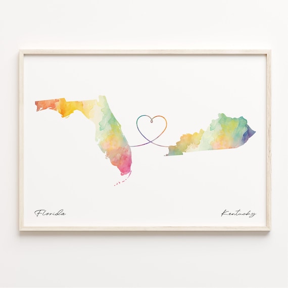 Florida to Kentucky Watercolor Map Heart Connection Art Poster