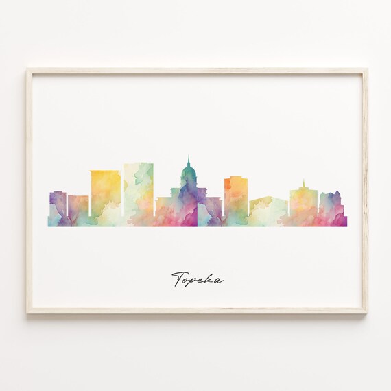 Topeka Kansas Vibrant Watercolor Script Skyline Cityscape Poster