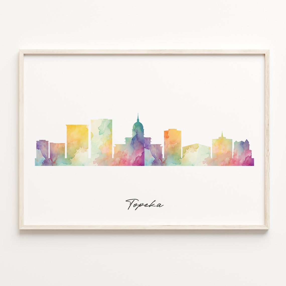 Topeka Kansas Vibrant Watercolor Script Skyline Cityscape Poster