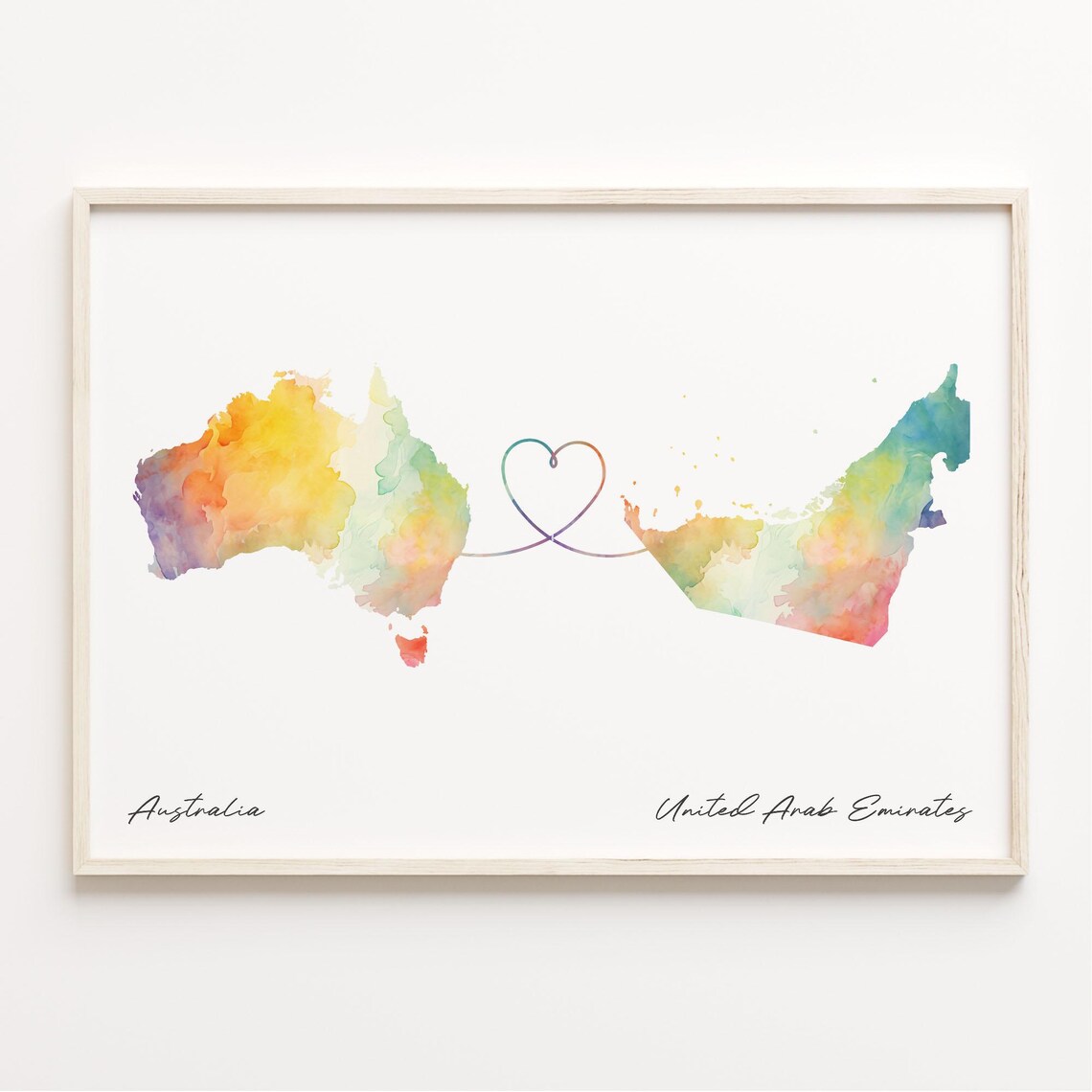 Australia to United Arab Emirates Heart Map Connection Art Print